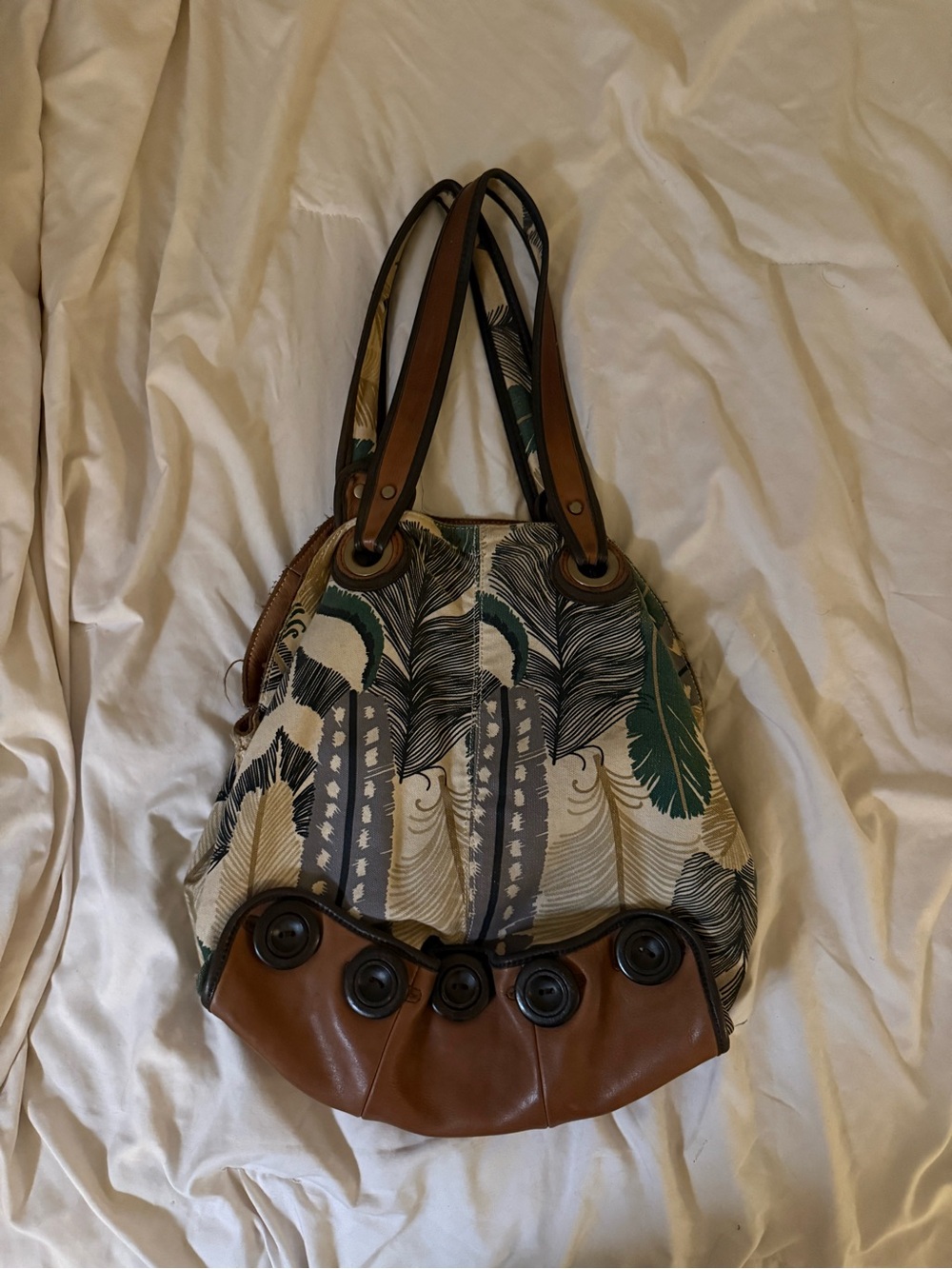 Leather-Trim Feather Motif Women's Shoulder Bag - Green & Brown